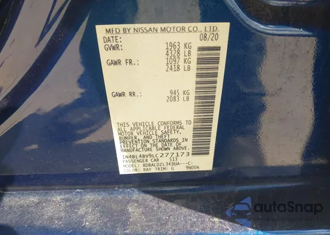 2020 Nissan Altima S Fwd z USA, uszkodzony, nr VIN 1N4BL4BV9LC277173